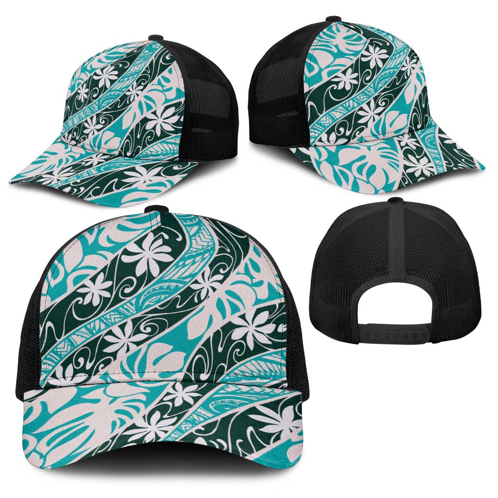 Cyan Tahiti Tiare Monstera Baseball Net Cap Polynesian Pattern Curve Style - Polynesian Pride