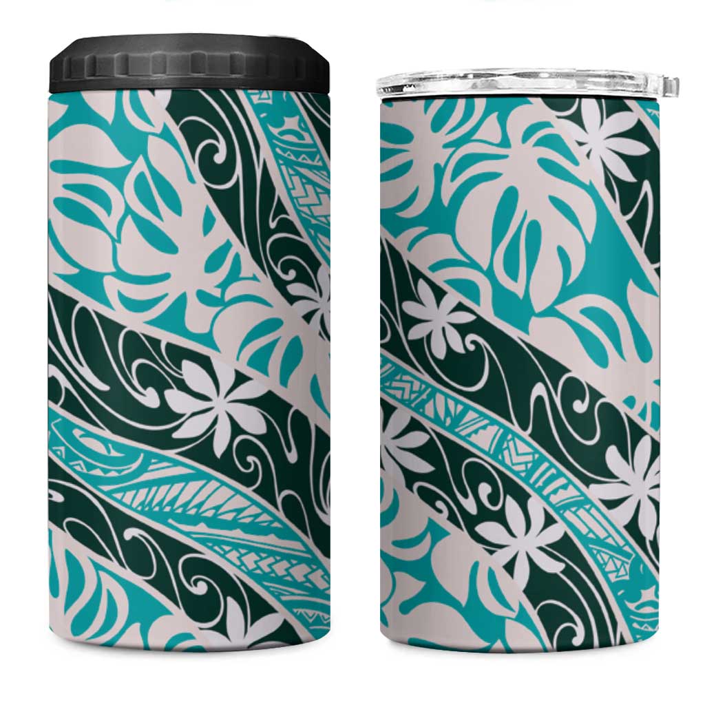 Cyan Tahiti Tiare Monstera 4 in 1 Can Cooler Tumbler Polynesian Pattern Curve Style LT01 One Size: 16 oz Cyan - Polynesian Pride