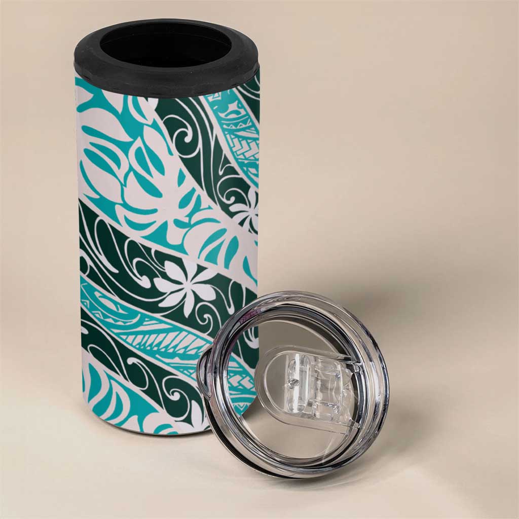 Cyan Tahiti Tiare Monstera 4 in 1 Can Cooler Tumbler Polynesian Pattern Curve Style LT01 - Polynesian Pride