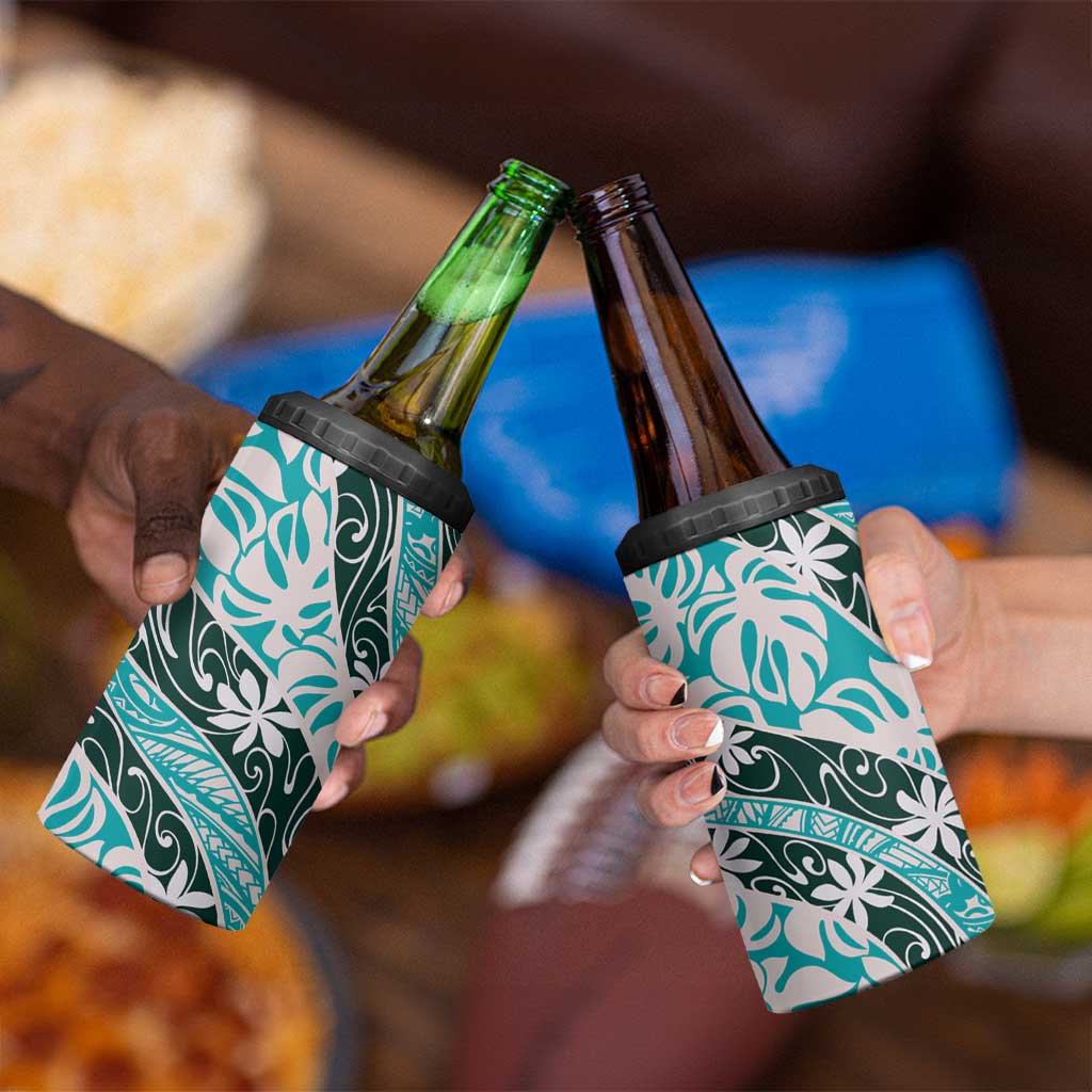 Cyan Tahiti Tiare Monstera 4 in 1 Can Cooler Tumbler Polynesian Pattern Curve Style LT01 - Polynesian Pride