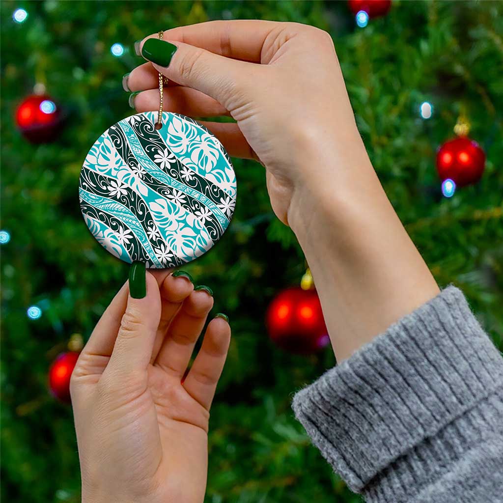 Cyan Tahiti Tiare Monstera Ceramic Ornament Polynesian Pattern Curve Style - Polynesian Pride