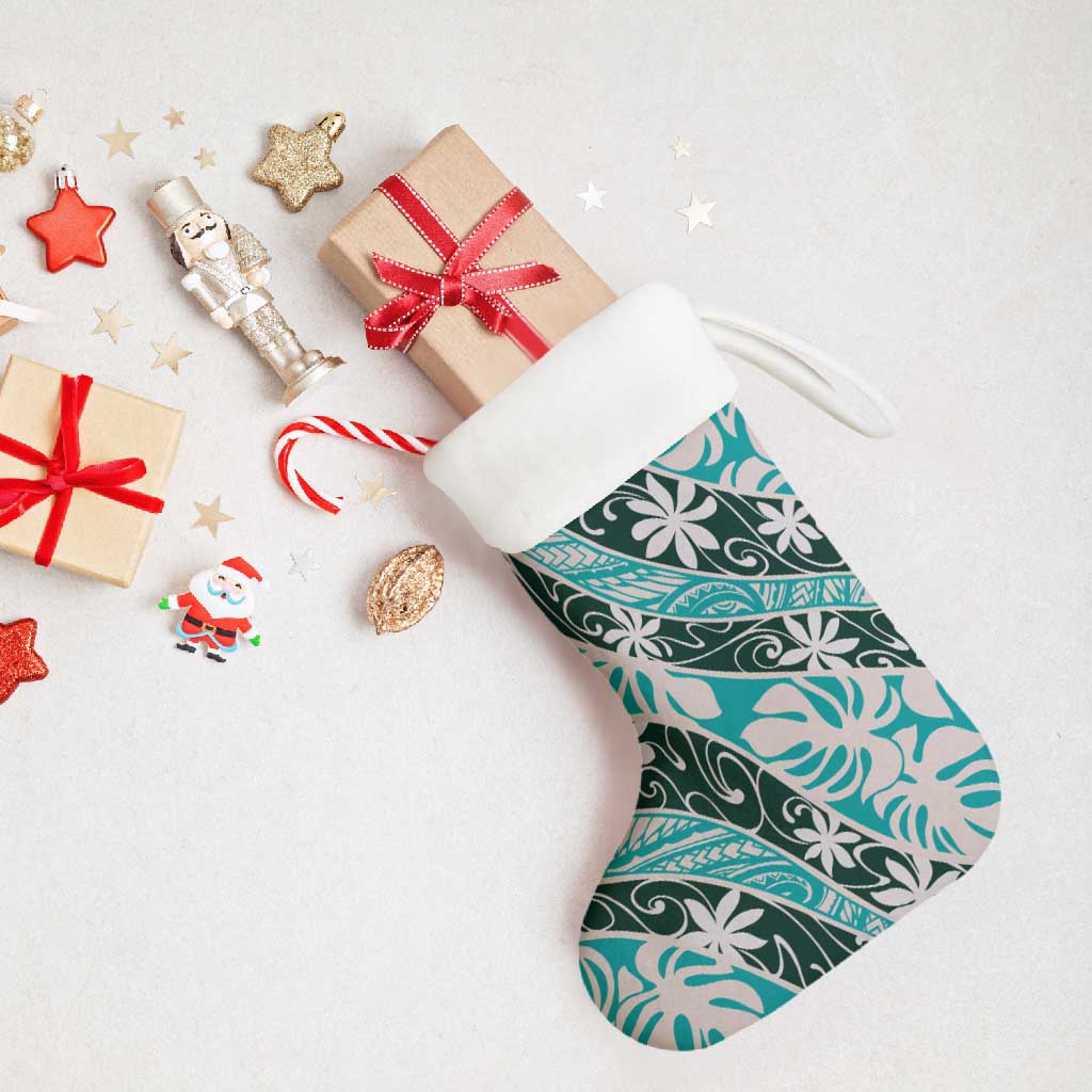 Cyan Tahiti Tiare Monstera Christmas Stocking Polynesian Pattern Curve Style - Polynesian Pride