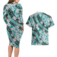 Cyan Tahiti Tiare Monstera Couples Matching Long Sleeve Bodycon Dress and Hawaiian Shirt Polynesian Pattern Curve Style LT01 - Polynesian Pride