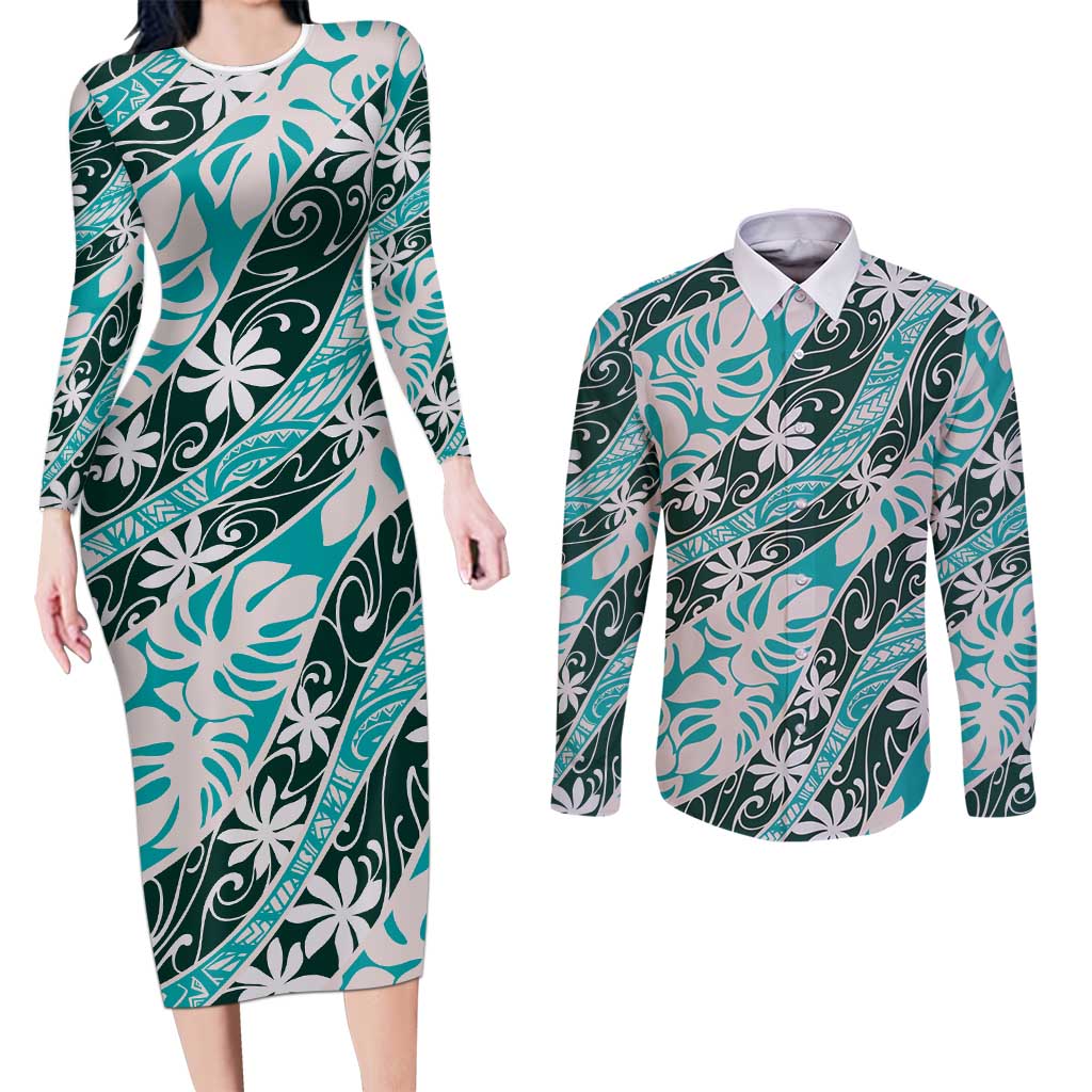 Cyan Tahiti Tiare Monstera Couples Matching Long Sleeve Bodycon Dress and Long Sleeve Button Shirt Polynesian Pattern Curve Style LT01 Cyan - Polynesian Pride