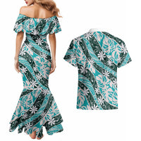 Cyan Tahiti Tiare Monstera Couples Matching Mermaid Dress and Hawaiian Shirt Polynesian Pattern Curve Style LT01 - Polynesian Pride