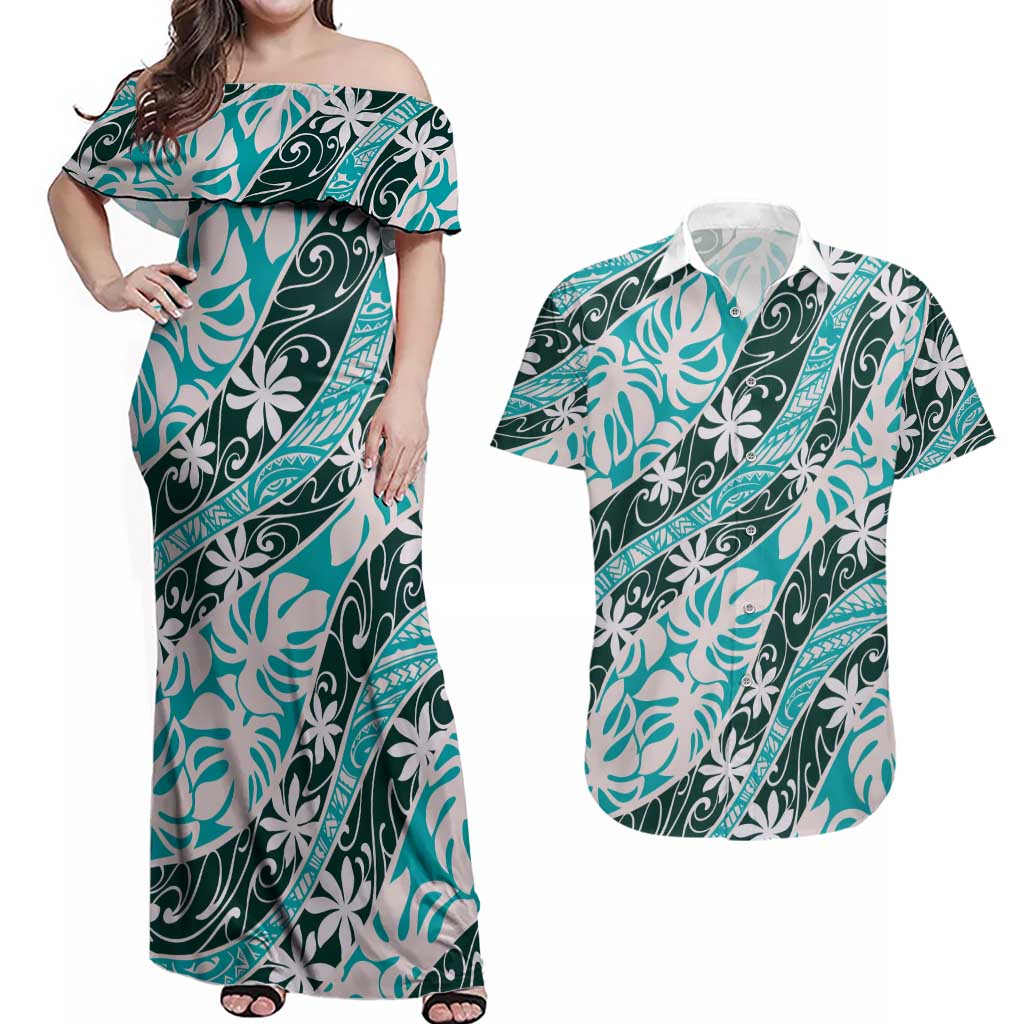 Cyan Tahiti Tiare Monstera Couples Matching Off Shoulder Maxi Dress and Hawaiian Shirt Polynesian Pattern Curve Style - Polynesian Pride