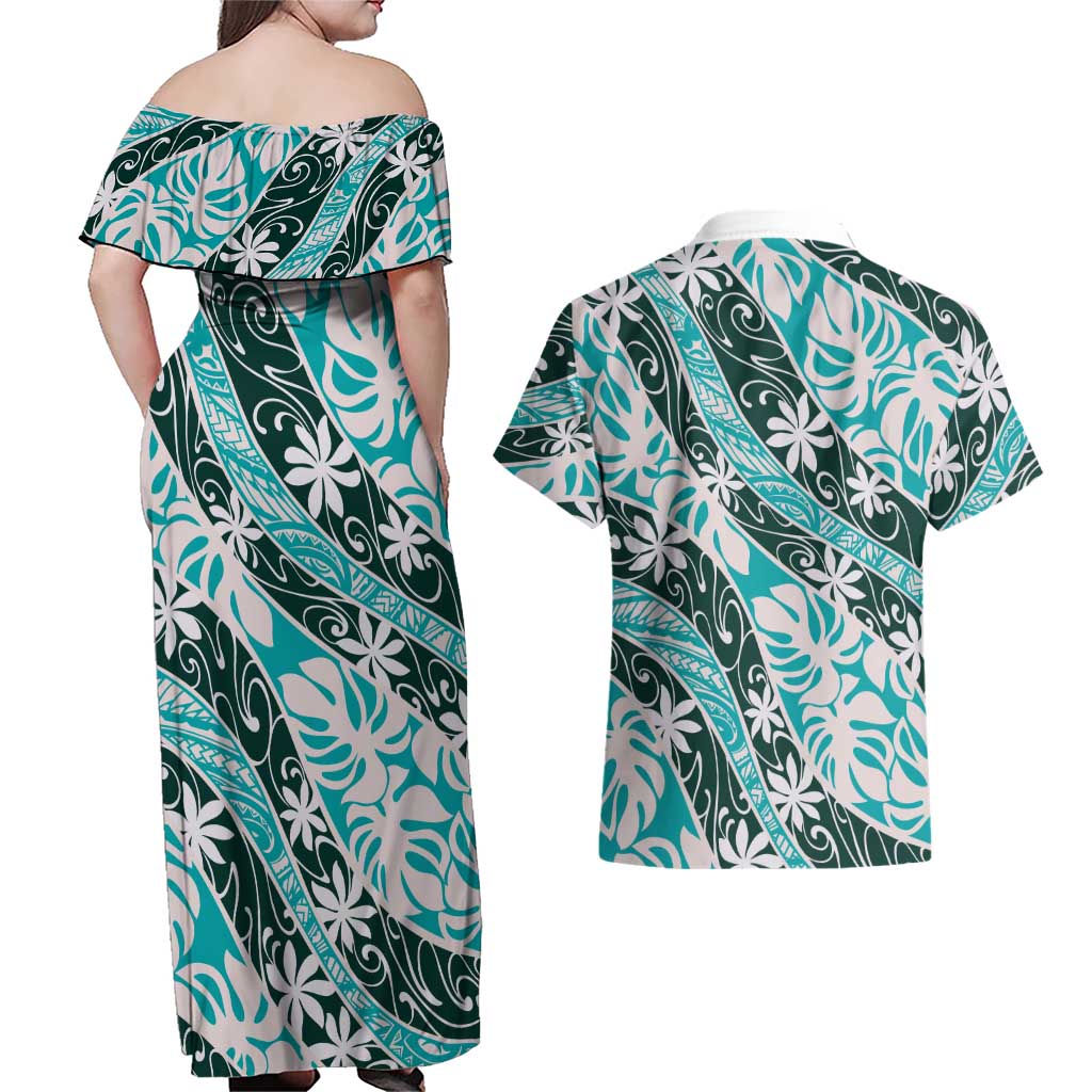 Cyan Tahiti Tiare Monstera Couples Matching Off Shoulder Maxi Dress and Hawaiian Shirt Polynesian Pattern Curve Style LT01 - Polynesian Pride