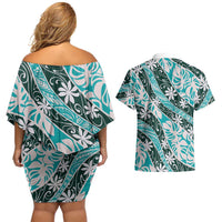 Cyan Tahiti Tiare Monstera Couples Matching Off Shoulder Short Dress and Hawaiian Shirt Polynesian Pattern Curve Style LT01 - Polynesian Pride