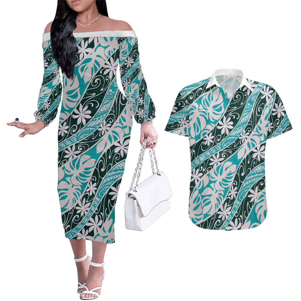 Cyan Tahiti Tiare Monstera Couples Matching Off The Shoulder Long Sleeve Dress and Hawaiian Shirt Polynesian Pattern Curve Style LT01 Cyan - Polynesian Pride