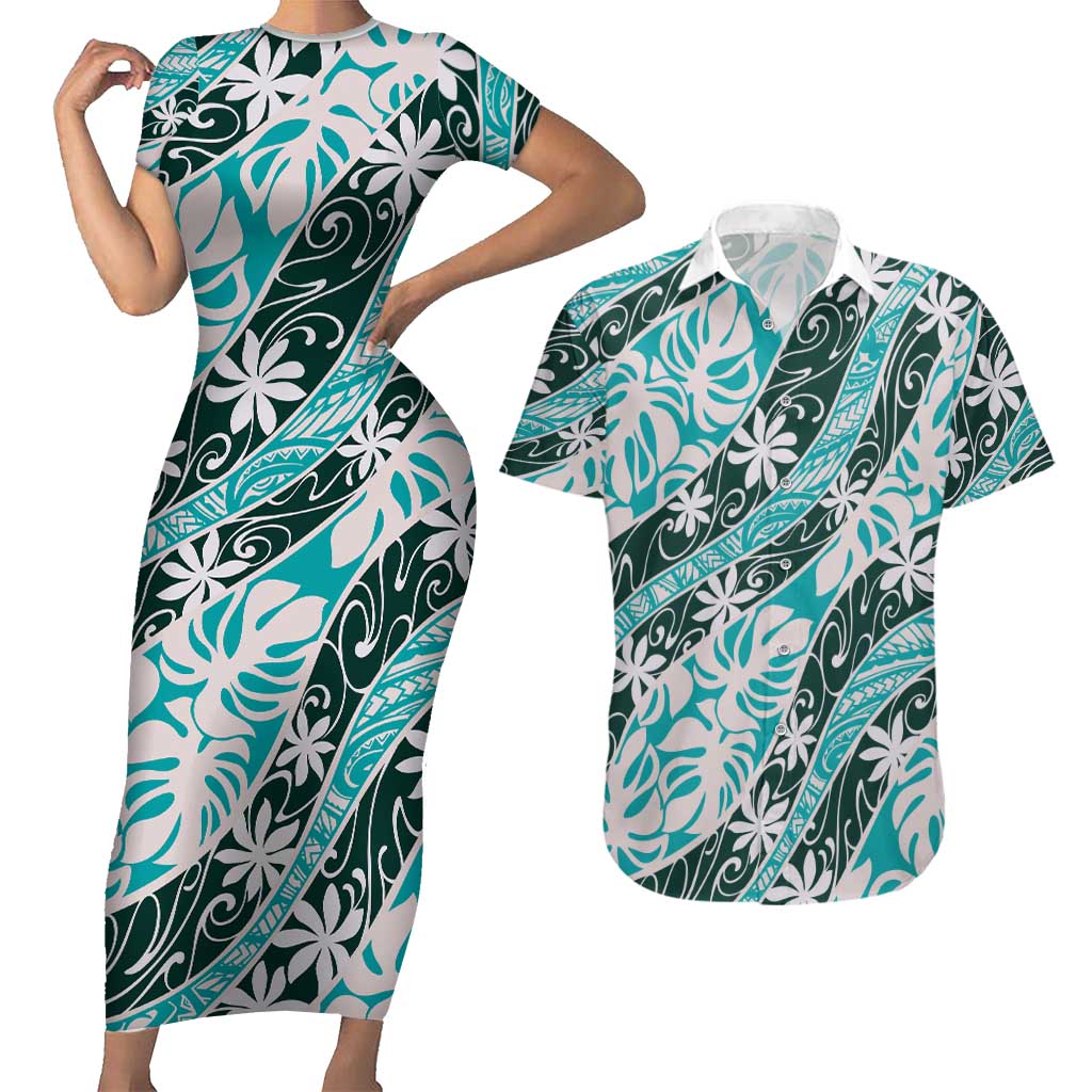 Cyan Tahiti Tiare Monstera Couples Matching Short Sleeve Bodycon Dress and Hawaiian Shirt Polynesian Pattern Curve Style - Polynesian Pride