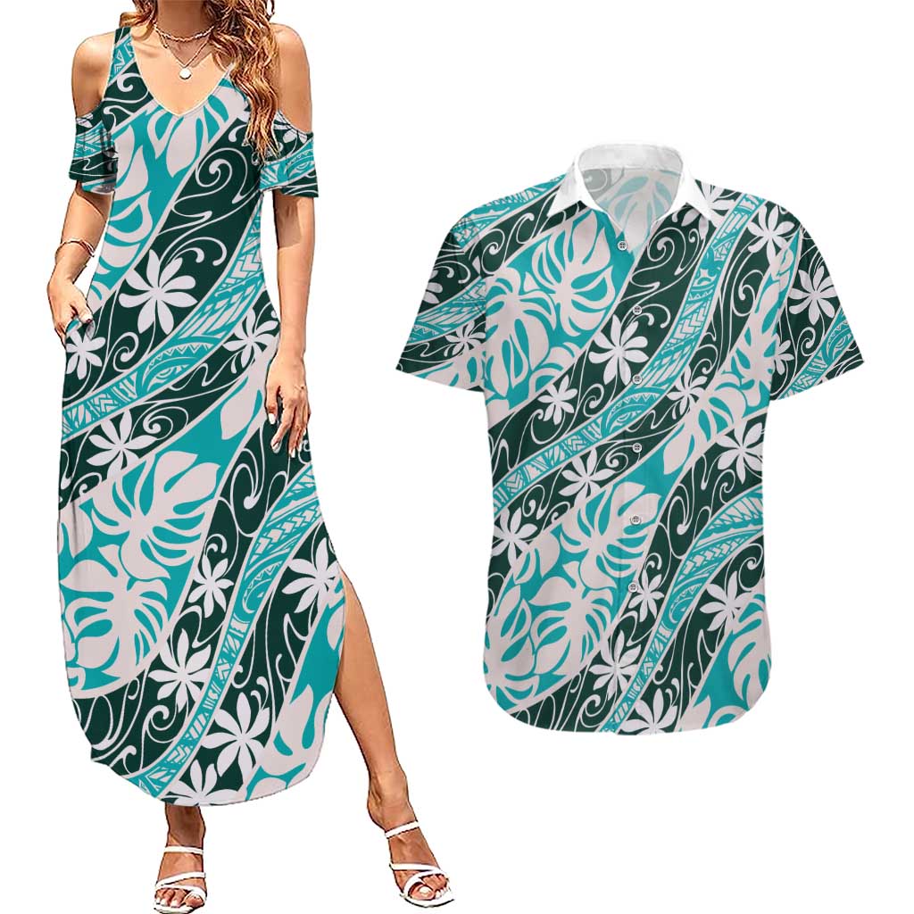 Cyan Tahiti Tiare Monstera Couples Matching Summer Maxi Dress and Hawaiian Shirt Polynesian Pattern Curve Style - Polynesian Pride