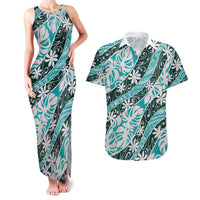 Cyan Tahiti Tiare Monstera Couples Matching Tank Maxi Dress and Hawaiian Shirt Polynesian Pattern Curve Style LT01 Cyan - Polynesian Pride