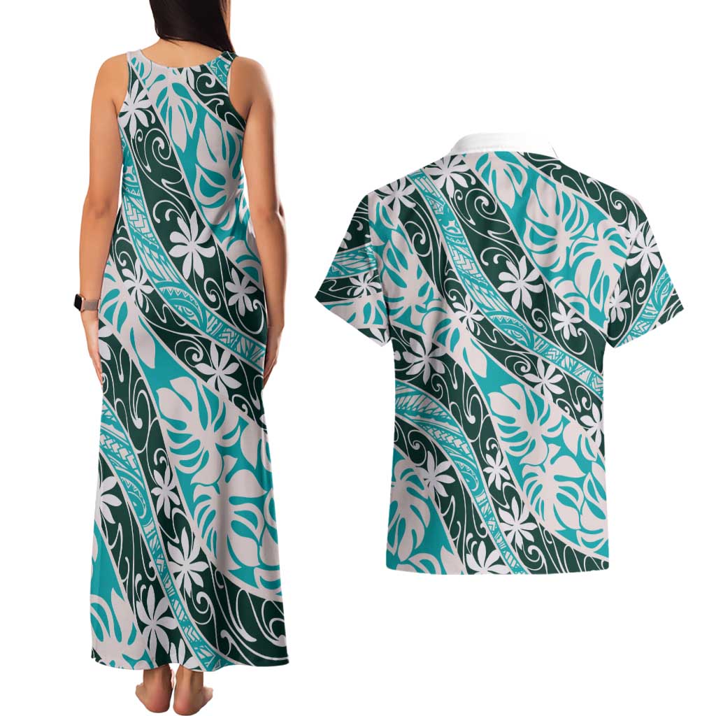 Cyan Tahiti Tiare Monstera Couples Matching Tank Maxi Dress and Hawaiian Shirt Polynesian Pattern Curve Style LT01 - Polynesian Pride