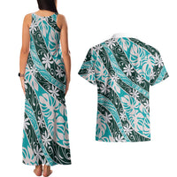 Cyan Tahiti Tiare Monstera Couples Matching Tank Maxi Dress and Hawaiian Shirt Polynesian Pattern Curve Style LT01 - Polynesian Pride