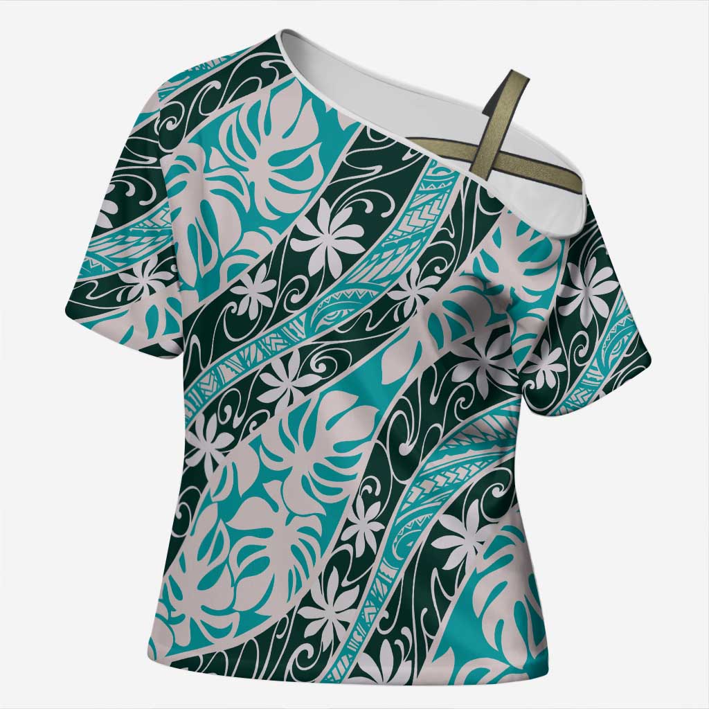 Cyan Tahiti Tiare Monstera Cross Shoulder Shirt Polynesian Pattern Curve Style - Polynesian Pride