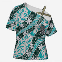 Cyan Tahiti Tiare Monstera Cross Shoulder Shirt Polynesian Pattern Curve Style - Polynesian Pride