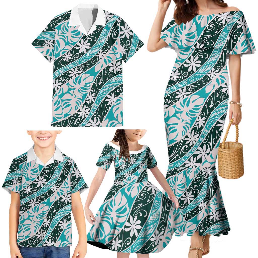Cyan Tahiti Tiare Monstera Family Matching Mermaid Dress and Hawaiian Shirt Polynesian Pattern Curve Style - Polynesian Pride
