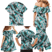 Cyan Tahiti Tiare Monstera Family Matching Mermaid Dress and Hawaiian Shirt Polynesian Pattern Curve Style LT01 - Polynesian Pride