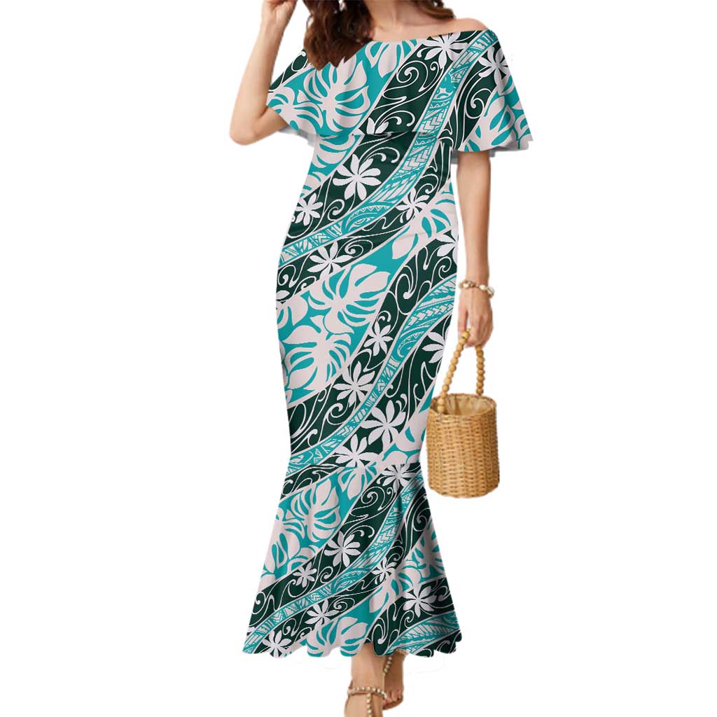 Cyan Tahiti Tiare Monstera Family Matching Mermaid Dress and Hawaiian Shirt Polynesian Pattern Curve Style LT01 Mom's Dress Cyan - Polynesian Pride