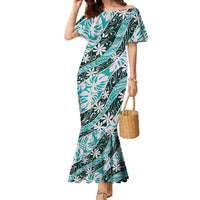 Cyan Tahiti Tiare Monstera Family Matching Mermaid Dress and Hawaiian Shirt Polynesian Pattern Curve Style LT01 Mom's Dress Cyan - Polynesian Pride
