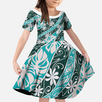 Cyan Tahiti Tiare Monstera Family Matching Off The Shoulder Long Sleeve Dress and Hawaiian Shirt Polynesian Pattern Curve Style LT01 Daughter's Dress Cyan - Polynesian Pride