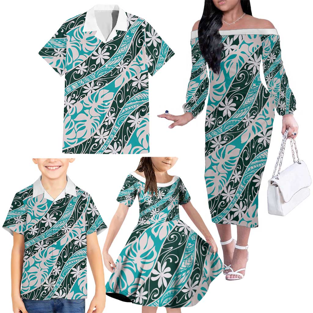 Cyan Tahiti Tiare Monstera Family Matching Off The Shoulder Long Sleeve Dress and Hawaiian Shirt Polynesian Pattern Curve Style LT01 - Polynesian Pride
