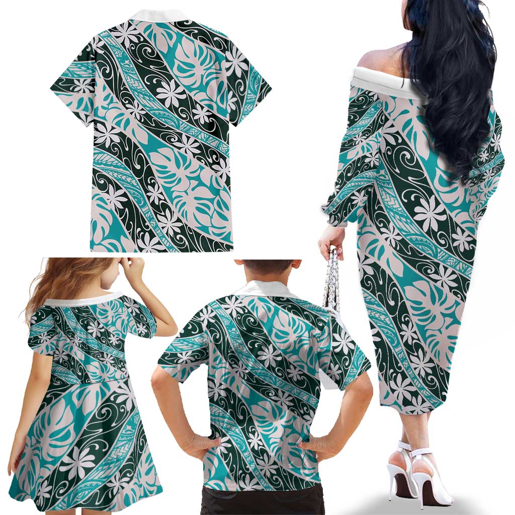 Cyan Tahiti Tiare Monstera Family Matching Off The Shoulder Long Sleeve Dress and Hawaiian Shirt Polynesian Pattern Curve Style LT01 - Polynesian Pride