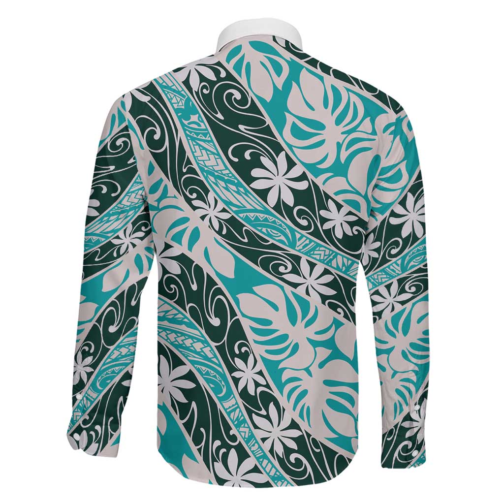 Cyan Tahiti Tiare Monstera Family Matching Off The Shoulder Long Sleeve Dress and Hawaiian Shirt Polynesian Pattern Curve Style LT01 - Polynesian Pride