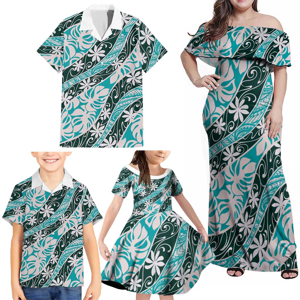 Cyan Tahiti Tiare Monstera Family Matching Off Shoulder Maxi Dress and Hawaiian Shirt Polynesian Pattern Curve Style LT01 - Polynesian Pride