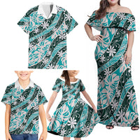 Cyan Tahiti Tiare Monstera Family Matching Off Shoulder Maxi Dress and Hawaiian Shirt Polynesian Pattern Curve Style LT01 - Polynesian Pride