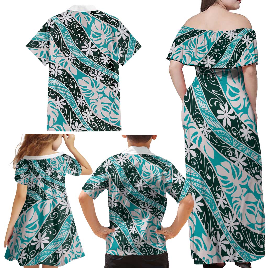 Cyan Tahiti Tiare Monstera Family Matching Off Shoulder Maxi Dress and Hawaiian Shirt Polynesian Pattern Curve Style LT01 - Polynesian Pride