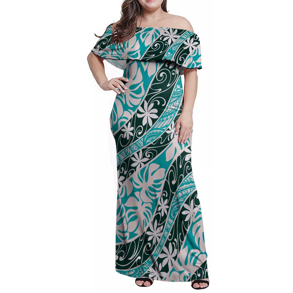Cyan Tahiti Tiare Monstera Family Matching Off Shoulder Maxi Dress and Hawaiian Shirt Polynesian Pattern Curve Style LT01 Mom's Dress Cyan - Polynesian Pride