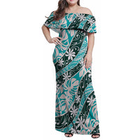 Cyan Tahiti Tiare Monstera Family Matching Off Shoulder Maxi Dress and Hawaiian Shirt Polynesian Pattern Curve Style LT01 Mom's Dress Cyan - Polynesian Pride
