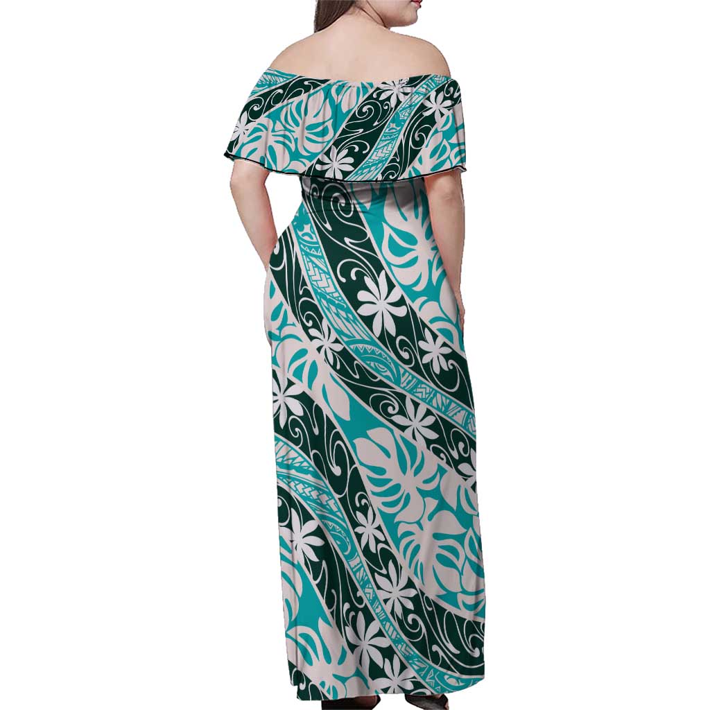 Cyan Tahiti Tiare Monstera Family Matching Off Shoulder Maxi Dress and Hawaiian Shirt Polynesian Pattern Curve Style LT01 - Polynesian Pride