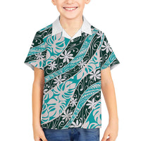 Cyan Tahiti Tiare Monstera Family Matching Off Shoulder Maxi Dress and Hawaiian Shirt Polynesian Pattern Curve Style LT01 Son's Shirt Cyan - Polynesian Pride