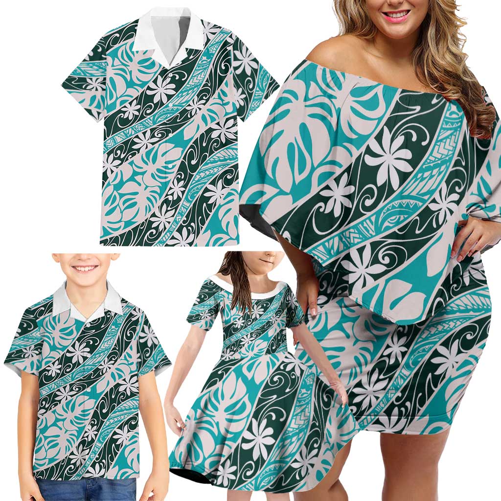 Cyan Tahiti Tiare Monstera Family Matching Off Shoulder Short Dress and Hawaiian Shirt Polynesian Pattern Curve Style LT01 - Polynesian Pride