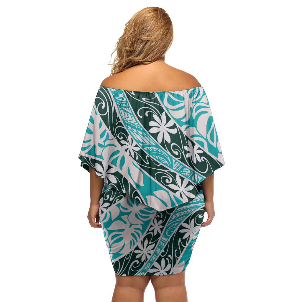 Cyan Tahiti Tiare Monstera Family Matching Off Shoulder Short Dress and Hawaiian Shirt Polynesian Pattern Curve Style LT01 - Polynesian Pride