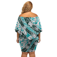 Cyan Tahiti Tiare Monstera Family Matching Off Shoulder Short Dress and Hawaiian Shirt Polynesian Pattern Curve Style LT01 - Polynesian Pride