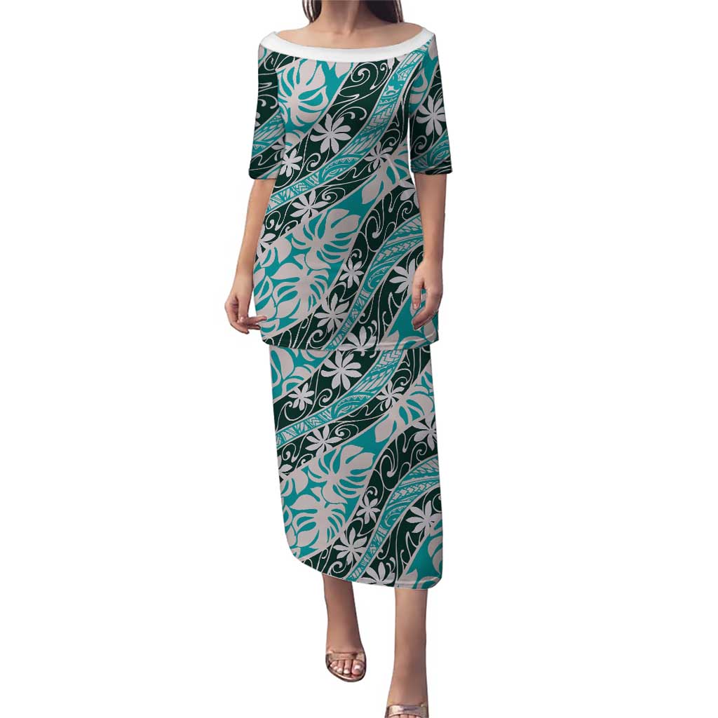 Cyan Tahiti Tiare Monstera Family Matching Puletasi and Hawaiian Shirt Polynesian Pattern Curve Style LT01 Mom's Dress Cyan - Polynesian Pride