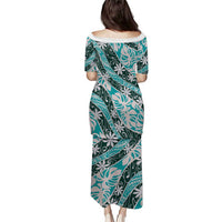 Cyan Tahiti Tiare Monstera Family Matching Puletasi and Hawaiian Shirt Polynesian Pattern Curve Style LT01 - Polynesian Pride