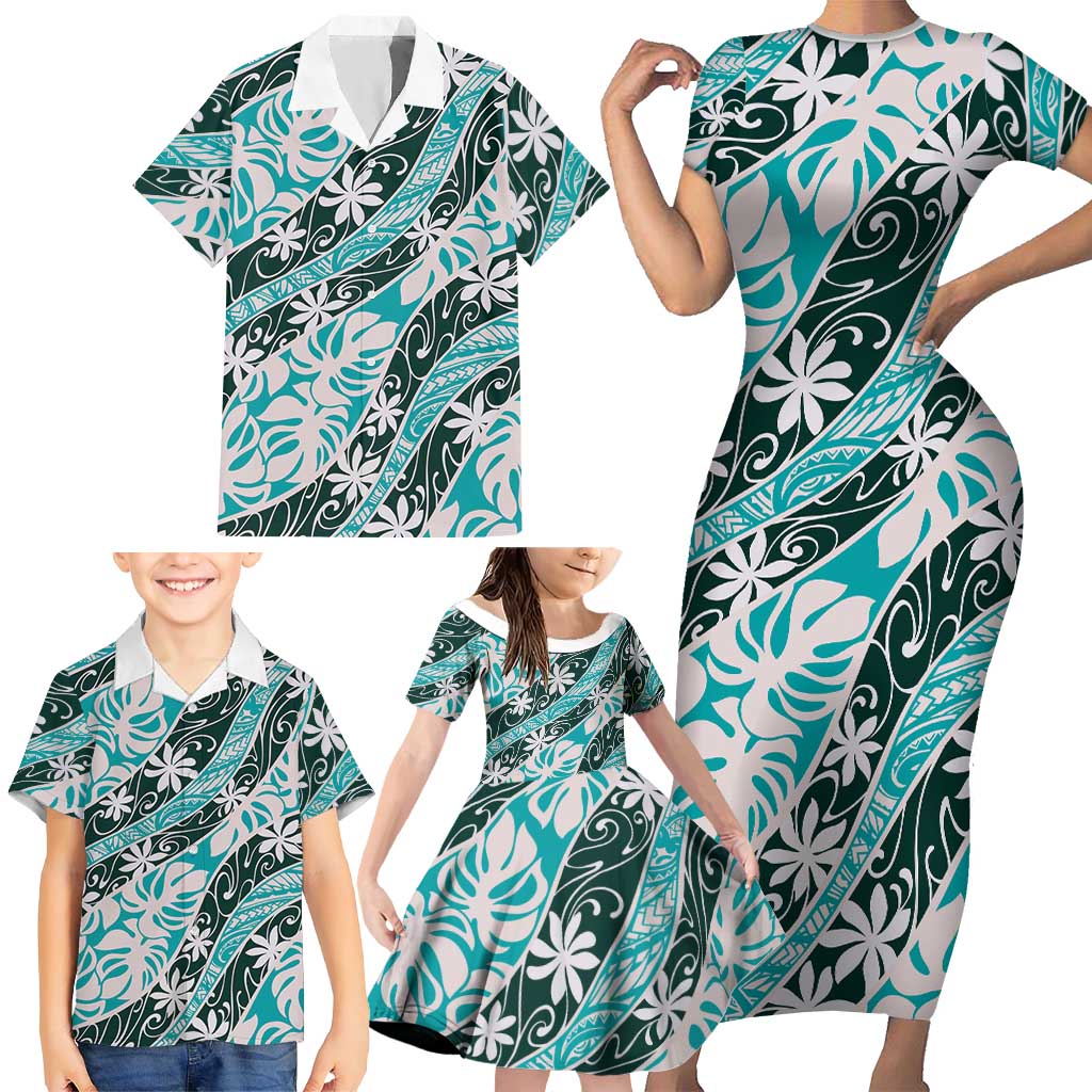 Cyan Tahiti Tiare Monstera Family Matching Short Sleeve Bodycon Dress and Hawaiian Shirt Polynesian Pattern Curve Style LT01 - Polynesian Pride