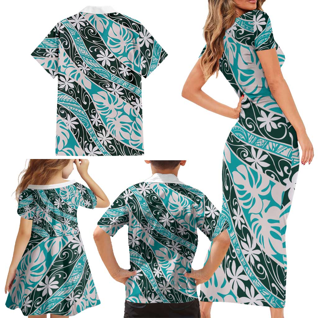 Cyan Tahiti Tiare Monstera Family Matching Short Sleeve Bodycon Dress and Hawaiian Shirt Polynesian Pattern Curve Style LT01 - Polynesian Pride