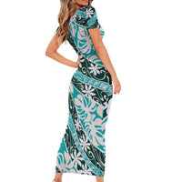 Cyan Tahiti Tiare Monstera Family Matching Short Sleeve Bodycon Dress and Hawaiian Shirt Polynesian Pattern Curve Style LT01 - Polynesian Pride