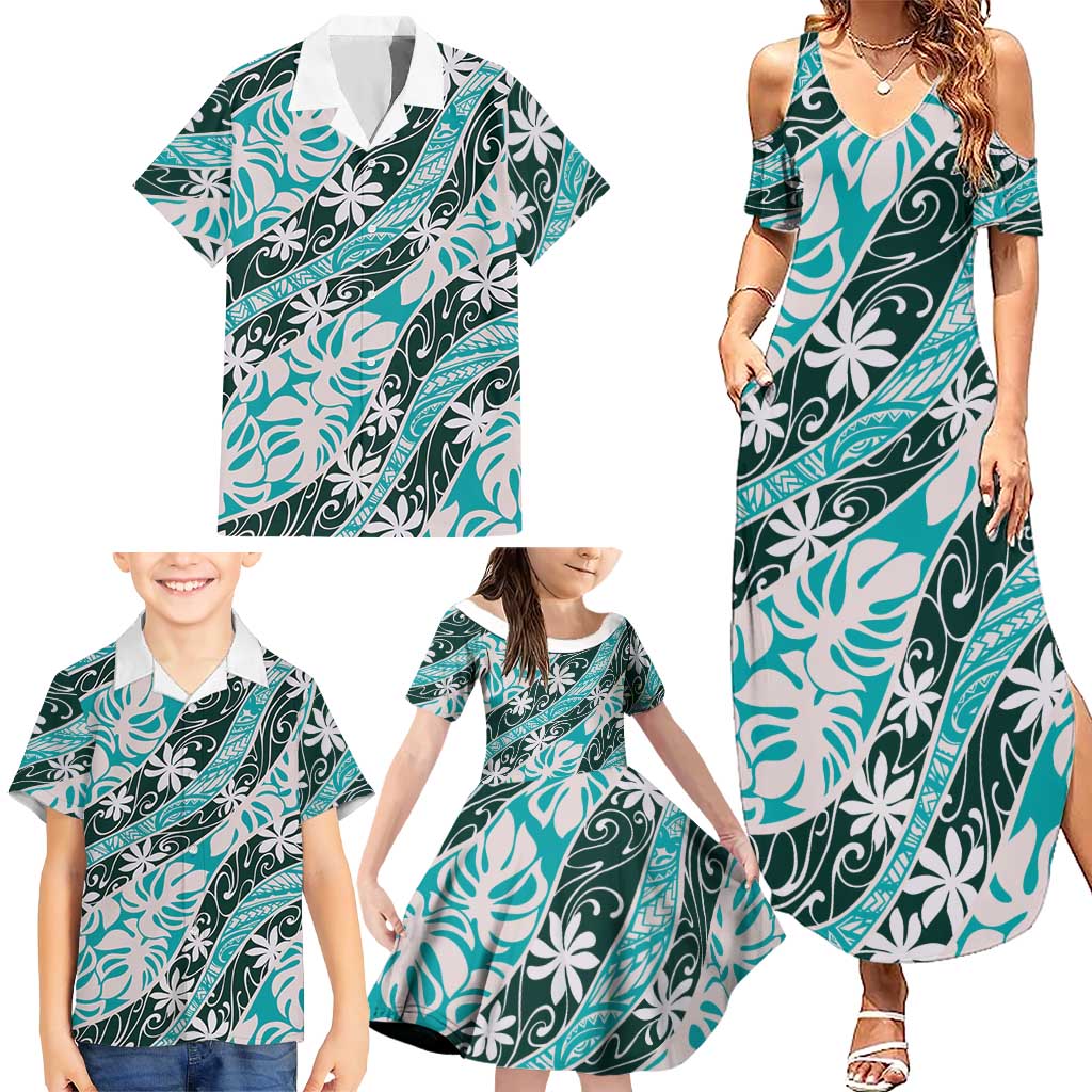 Cyan Tahiti Tiare Monstera Family Matching Summer Maxi Dress and Hawaiian Shirt Polynesian Pattern Curve Style - Polynesian Pride