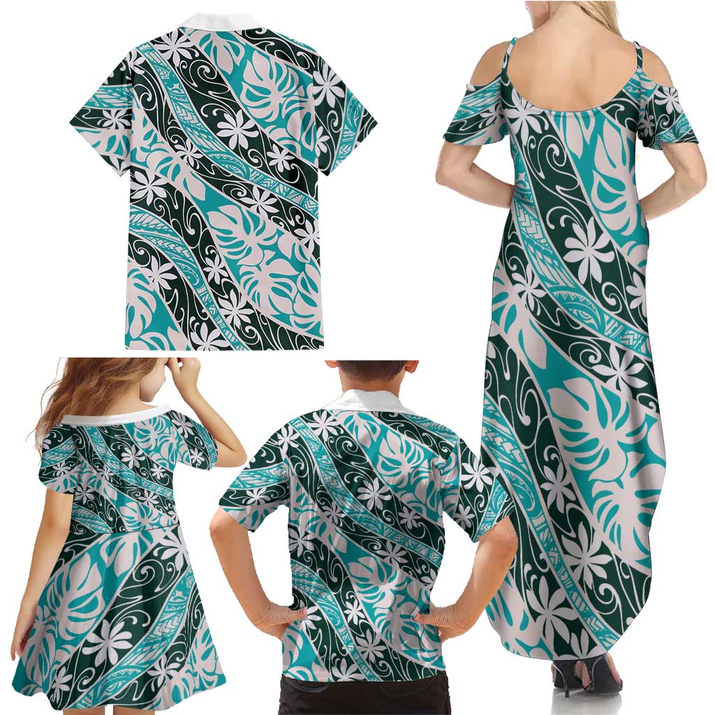 Cyan Tahiti Tiare Monstera Family Matching Summer Maxi Dress and Hawaiian Shirt Polynesian Pattern Curve Style LT01 - Polynesian Pride