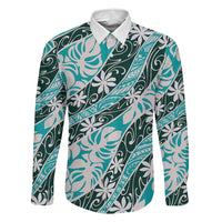 Cyan Tahiti Tiare Monstera Family Matching Summer Maxi Dress and Hawaiian Shirt Polynesian Pattern Curve Style LT01 Dad's Shirt - Long Sleeve Cyan - Polynesian Pride