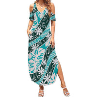Cyan Tahiti Tiare Monstera Family Matching Summer Maxi Dress and Hawaiian Shirt Polynesian Pattern Curve Style LT01 Mom's Dress Cyan - Polynesian Pride