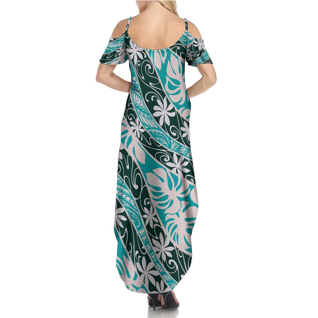 Cyan Tahiti Tiare Monstera Family Matching Summer Maxi Dress and Hawaiian Shirt Polynesian Pattern Curve Style LT01 - Polynesian Pride