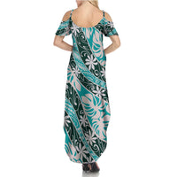 Cyan Tahiti Tiare Monstera Family Matching Summer Maxi Dress and Hawaiian Shirt Polynesian Pattern Curve Style LT01 - Polynesian Pride