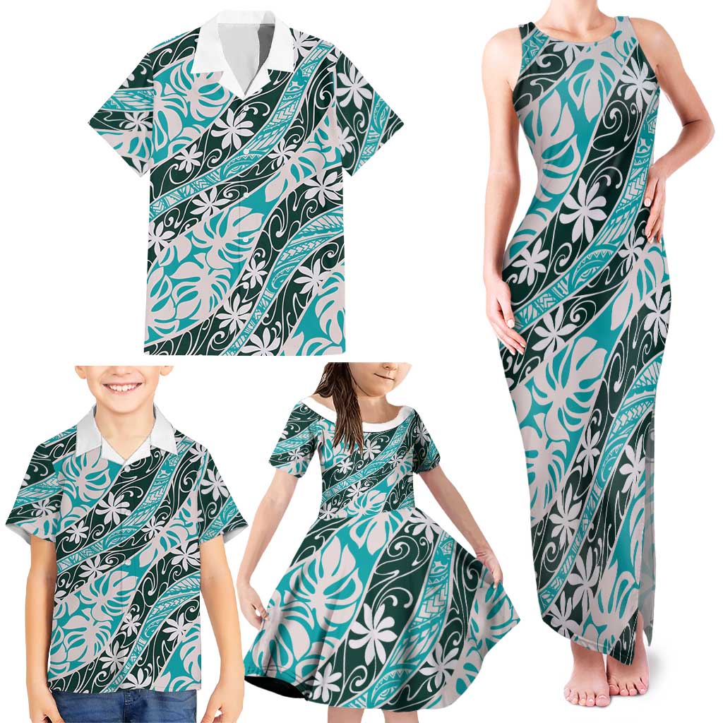 Cyan Tahiti Tiare Monstera Family Matching Tank Maxi Dress and Hawaiian Shirt Polynesian Pattern Curve Style LT01 - Polynesian Pride
